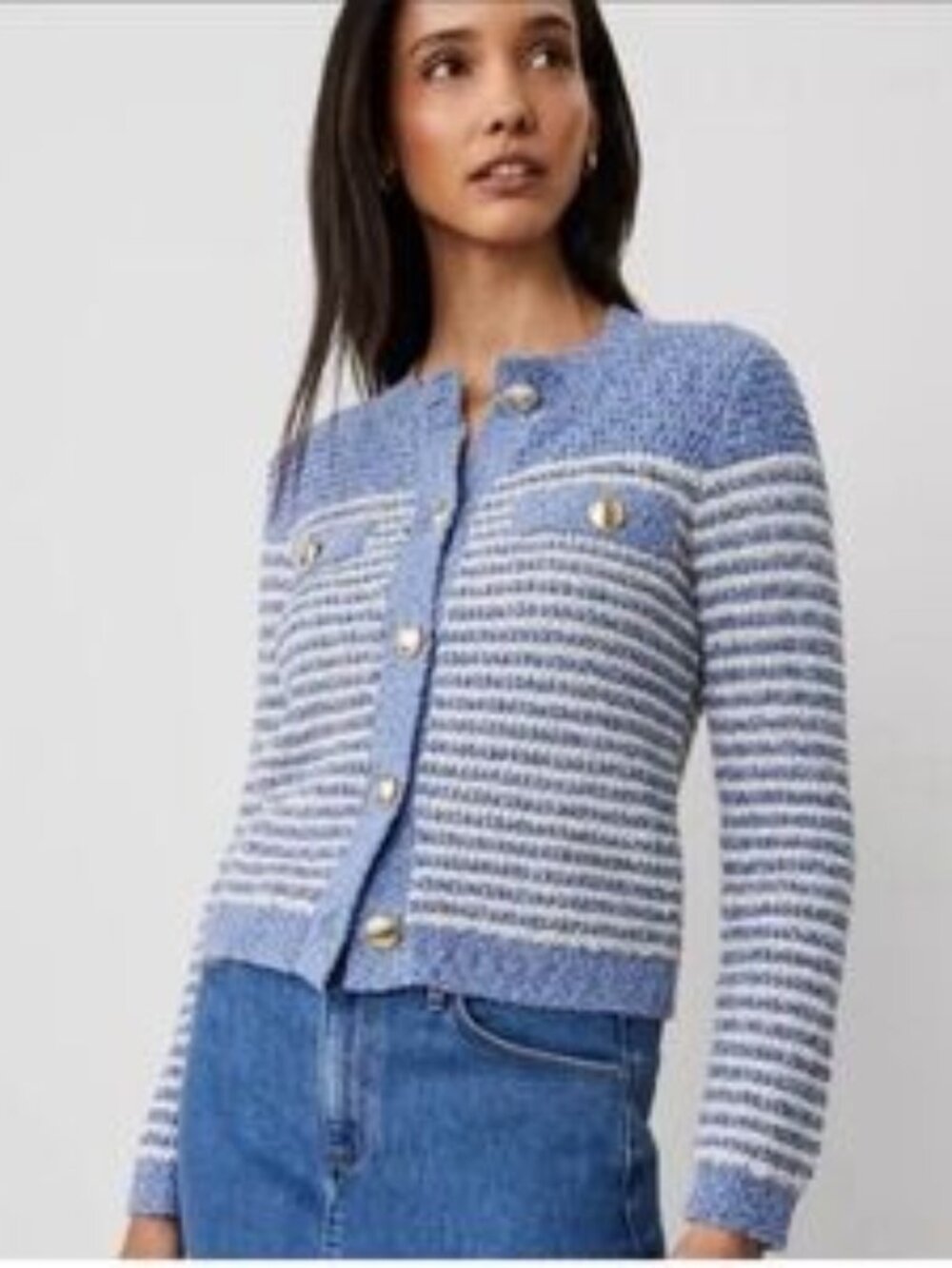 Denim Striped Sweater Jacket In Blue Multi